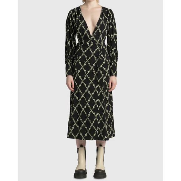 NWT Ganni Printed Crepe Black Floral Long Sleeve Midi Dress Sz 8 Romantic Boho - Picture 1 of 10